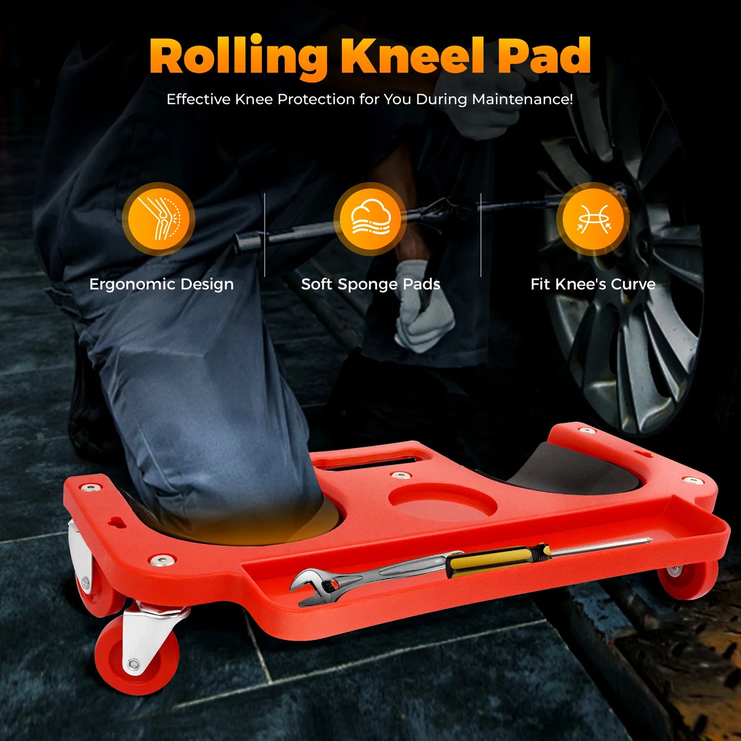 Rolling Knee Pad With Tool Tray And Cushioned Five Wheels