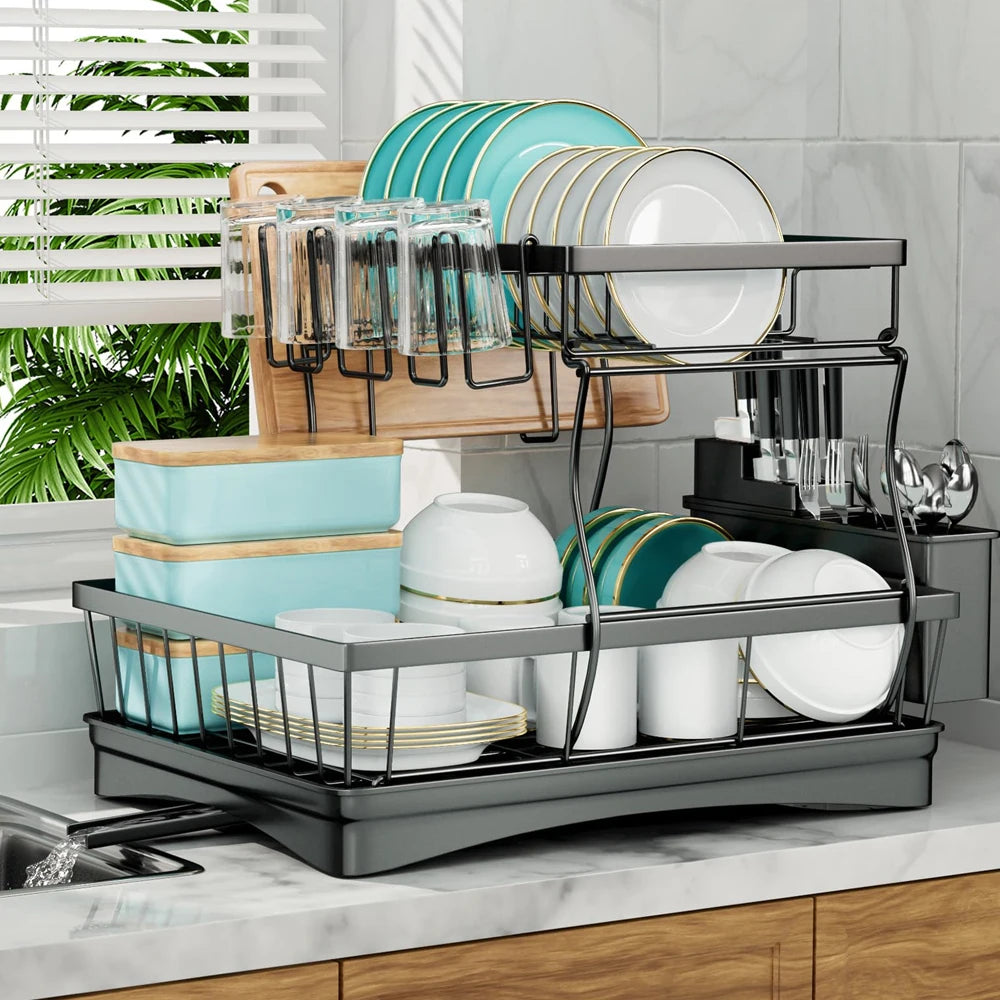 Two Tier Countertop Dish Drying Rack With Removable Drainboard
