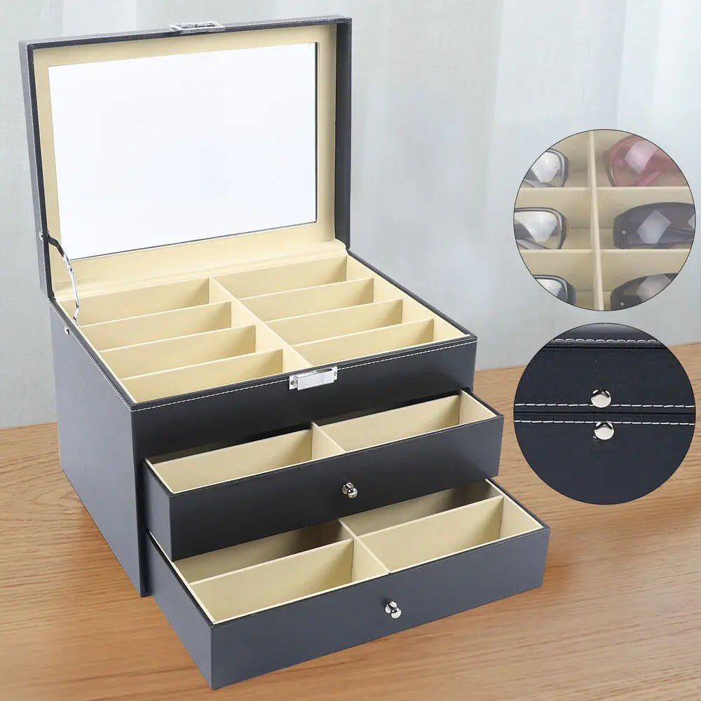 PU Leather Sunglasses Display Box Glass Window Jewelry Organizer