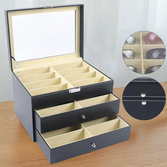 PU Leather Sunglasses Display Box Glass Window Jewelry Organizer
