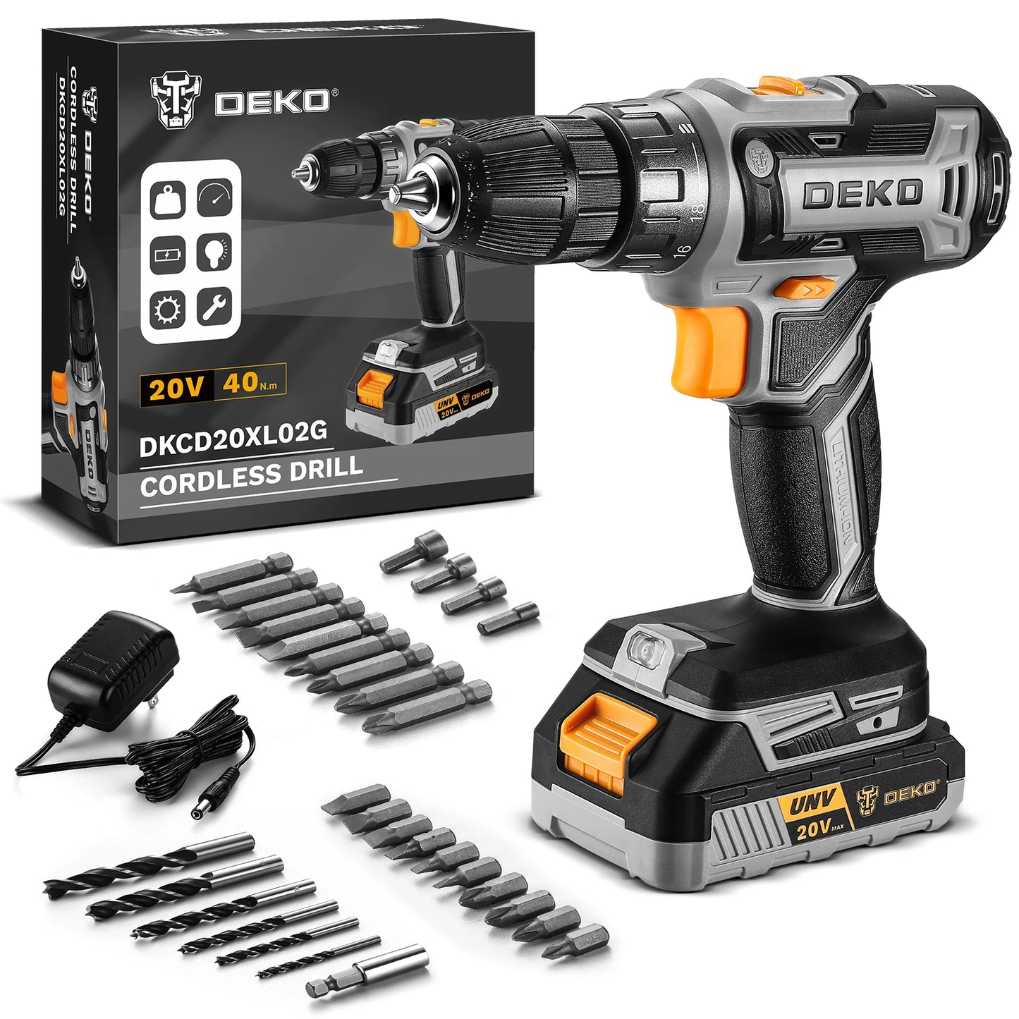 DEKO 20V Cordless Drill Driver Kit With Battery And Charger
