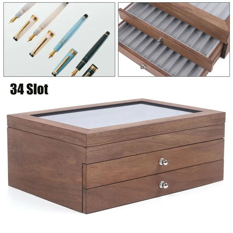 Walnut Wood Pen Storage Case With 34 Slots And Drawer