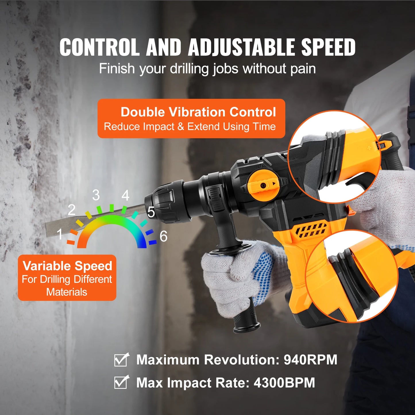 SucceBuy 1500W Corded Rotary Hammer Drill With 4 Modes