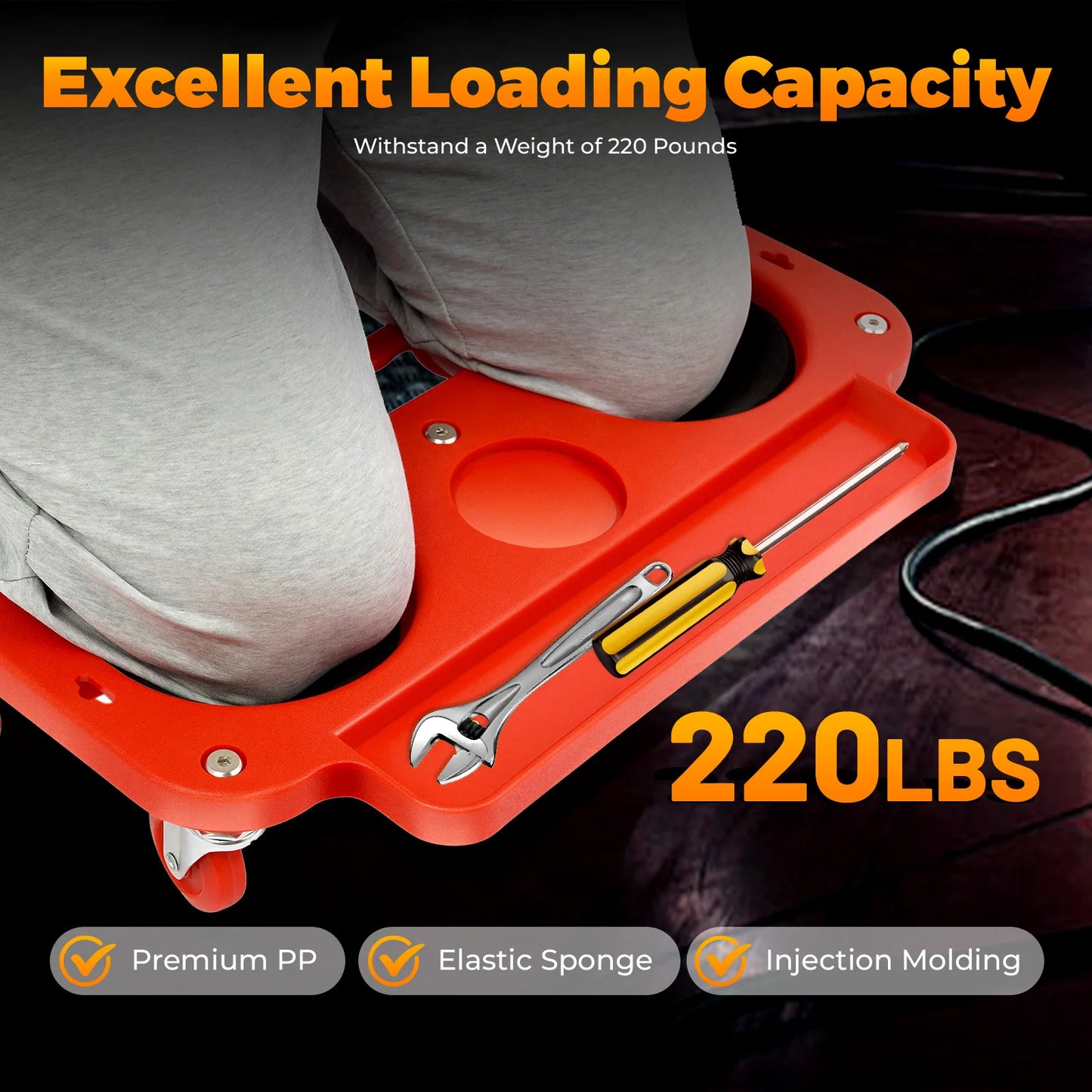 Rolling Knee Pad With Tool Tray And Cushioned Five Wheels