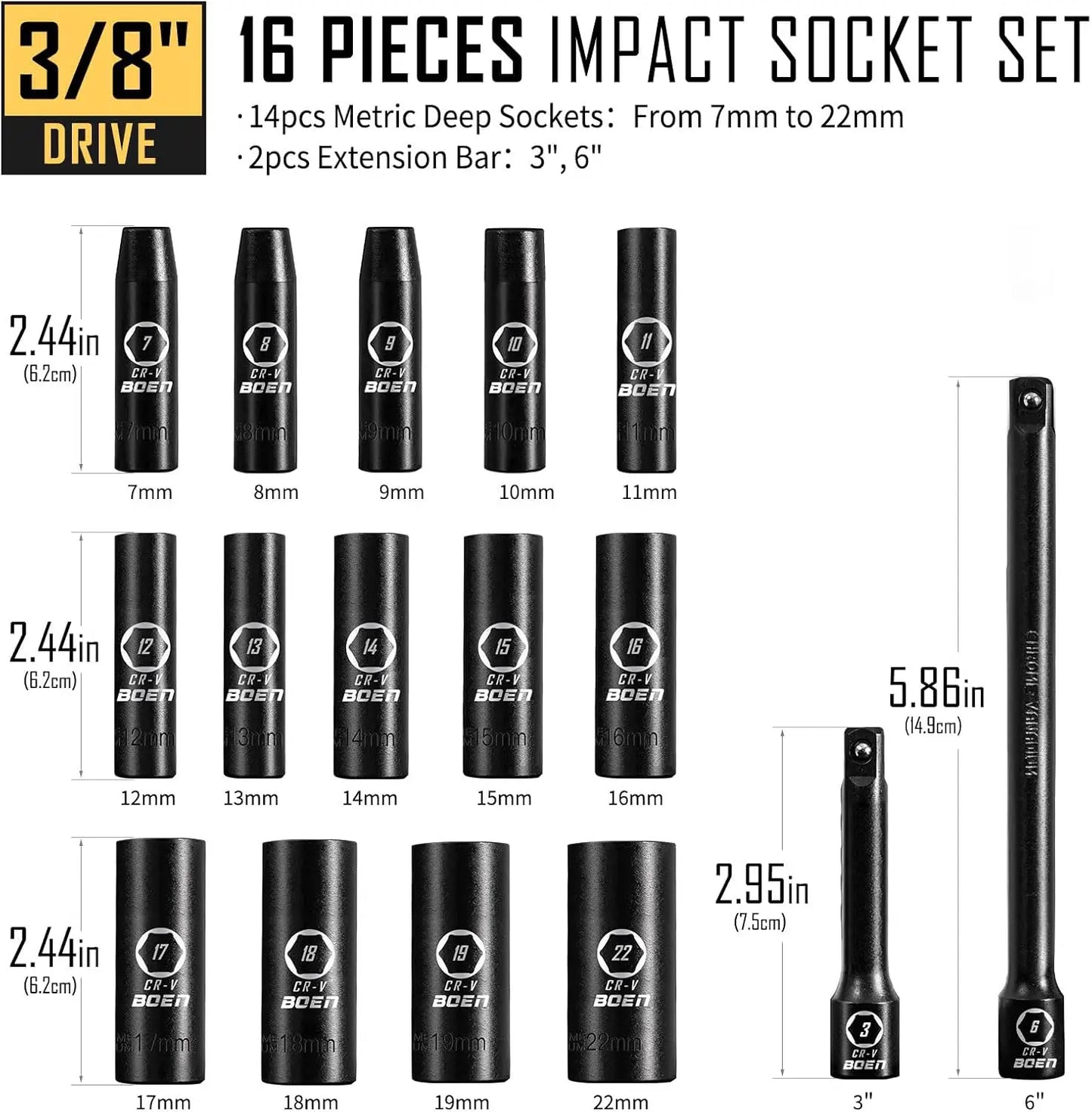 Boen Metric Socket Set 16-Piece Cr-V Steel With Case