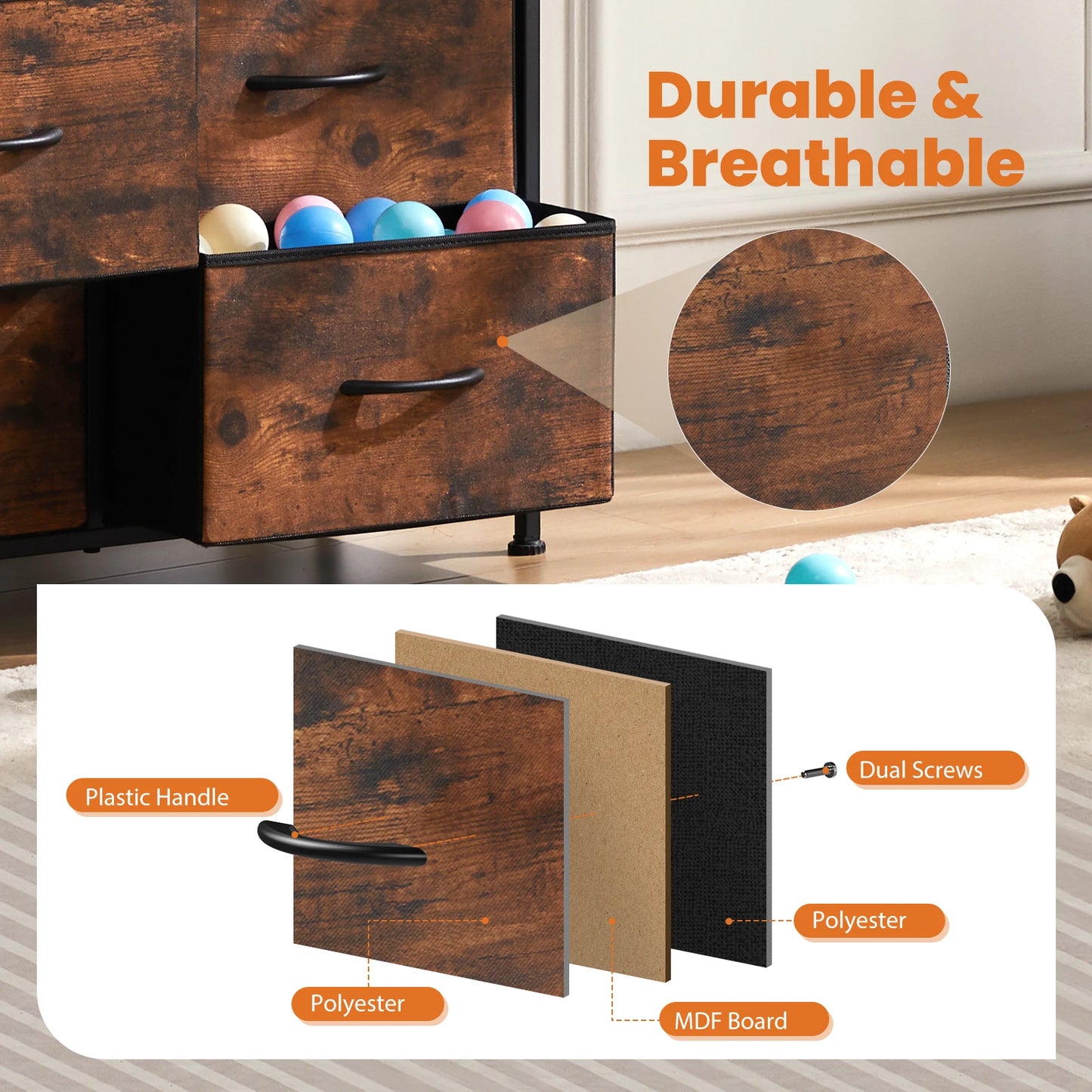 JHK Bedside Table With 10 Fabric Drawers Wardrobe Steel Frame