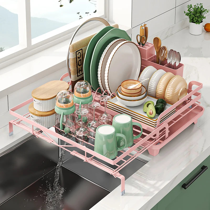 Expandable Kitchen Dish Drainer Rack With Cutlery Holder Spout