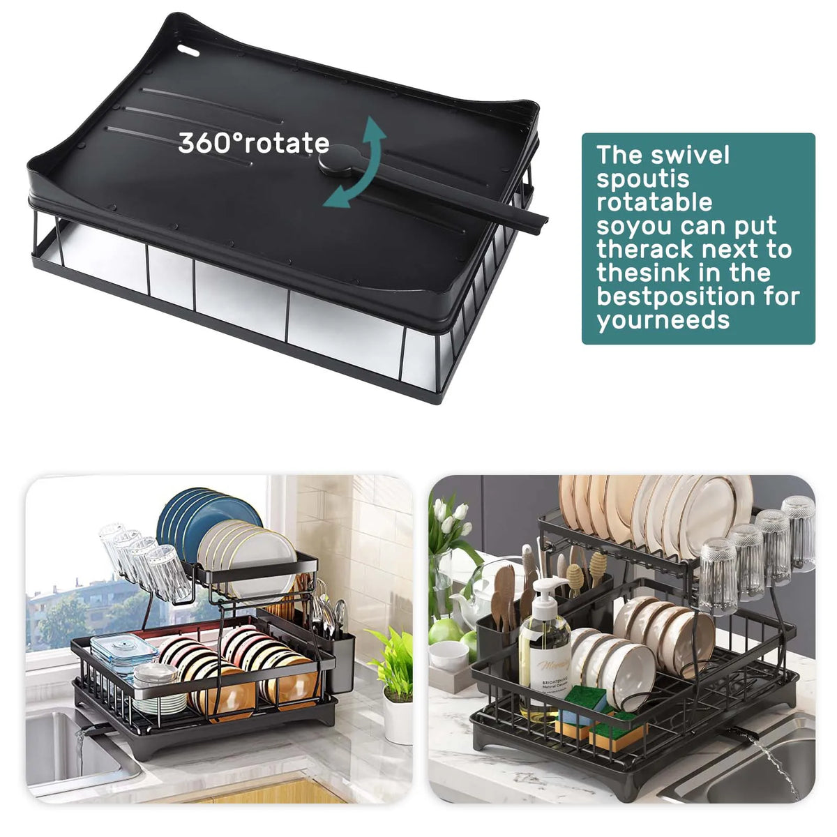 Two Tier Countertop Dish Drying Rack With Removable Drainboard