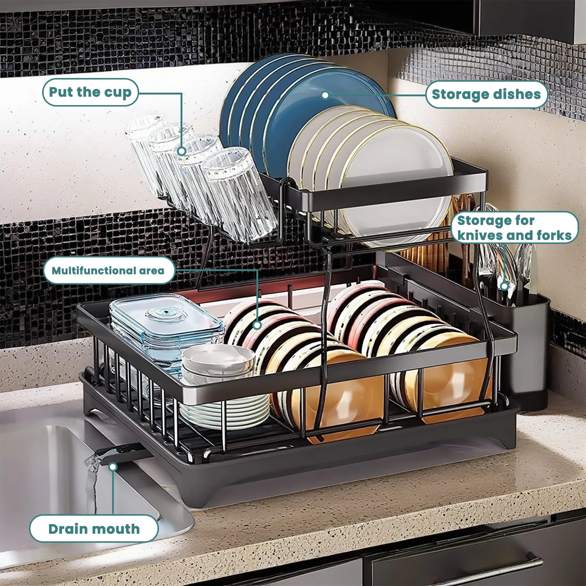 Two Tier Countertop Dish Drying Rack With Removable Drainboard